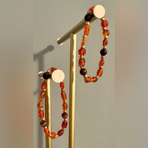 Amber/orange colored, Brown and purple Beaded Bracelet Set of 2 - Gold accents